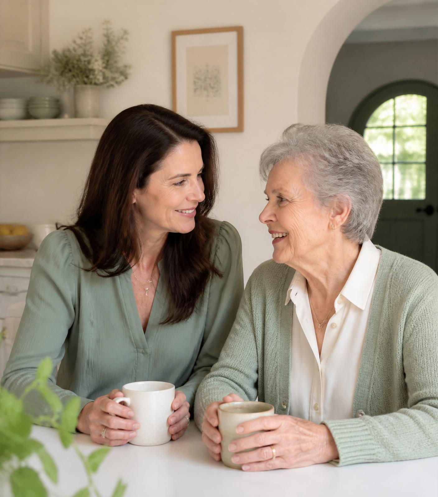Adult daughter sitting with her mother at a bright kitchen table
